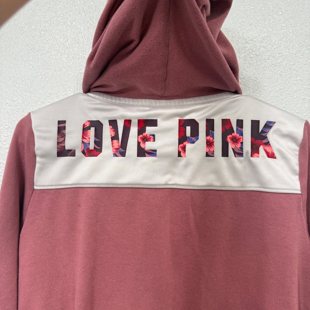 Pink Victoria's Secret Full Zip Hoodie Mauve White Floral Logo XS - Picture 7 of 8